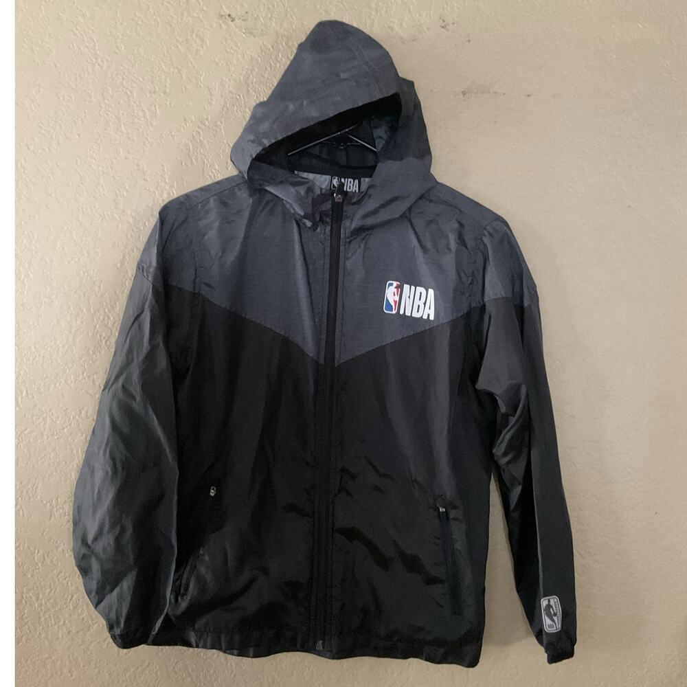 NBA Youth 10/12 Hooded Windbreaker Jacket Black Gray Big Logo Full Zip